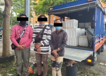 TIGA lelaki warganegara Indonesia yang ditahan di bawah Akta Imigresen selepas menjaja di lampu isyarat sekitar Bandar Baru Uda, Johor. 