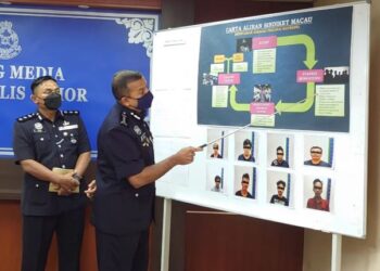 AYOB Khan Mydin Pitchay (kanan) menunjukkan carta aliran sindiket Macau Scam yang melatih pekerja untuk menyamar bagi menipu orang ramai pada sidang akhbar di IPK Johor di Johor Bahru. -UTUSAN/KHAIRUL MOHD ALI