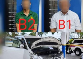 DUA daripada lima lelaki bersama kenderaan Toyota Alphard yang berjaya ditahan polis berkaitan kes tetak di sebuah restoran di Bandar Benut, Pontian.