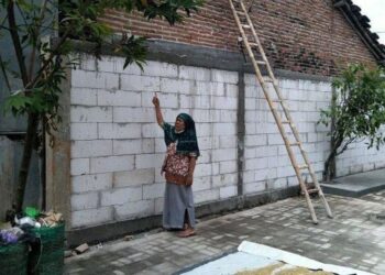 SUTIKAH menunjukkan tembok tinggi yang dibina jirannya sehingga menutup akses ke rumahnya di Desa Mejobo, Kudus.-TRIBUNNEWS