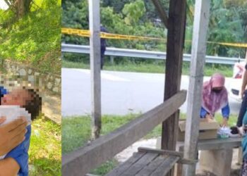 BAYI yang ditemukan di dalam sebuah kotak di pondok menunggu bas berhadapan SMK Felda Sri Sendayan, Sendayan, Seremban, hari ini.- MEDIA SOSIAL