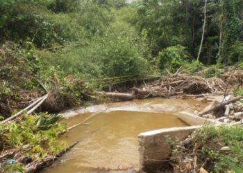 KHAIRUL Azhar Suhaimi menunjukkan sisa-sisa pokok dan bongkah konkrit yang menyekat aliran air di Sungai Tandop di  Kampung Dusun Manggis,Yan hari ini. - UTUSAN/OTHMAN YAHAYA
