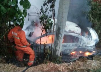 ANGGOTA bomba dan penyelamat memadam kebakaran sebuah kereta yang terbakar selepas melanggar seekor kerbau di Kilometer 38 Jalan Temerloh-Melati di Bera, Pahang hari ini.