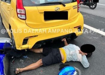 SEORANG penunggang motosikal terbaring dan mengalami kecederaan selepas melanggar belakang Perodua Myvi di Lebuh Raya Bertingkat Sungai Besi-Ulu Kelang (SUKE) semalam.