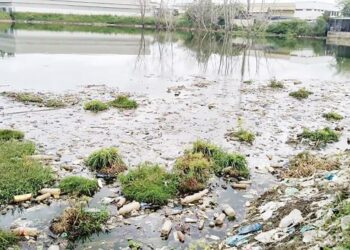 SAMPAH-sarap berupa botol minuman dan beg plastik yang memenuhi kolam tadahan air kumbahan hingga menimbulkan bau busuk dan meloyakan di Taman Ria Jaya, Sungai Petani. -UTUSAN/OTHMAN YAHAYA