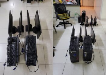 SET komputer antara barangan dirampas polis dalam serbuan dekat sebuah unit dalam kondominium dekat Kota Kemuning di Shah Alam, Selangor, petang semalam.