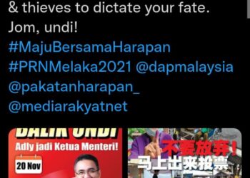 TANGKAP layar ciapan yang dimuat naik oleh Kor Ming di Twitternya, hari ini.