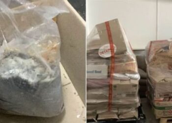 BUNGKUSAN tanpa label (kiri) dan makanan kering yang sudah luput dirampas dari stor sejuk tidak berlesen. - AGENSI