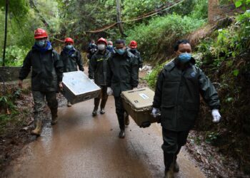 PASUKAN penyelamat berjalan di lokasi pesawat China Eastern terhempas di Wuzhou, Guangxi.-AFP