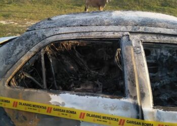 SEBUAH kereta terbakar 100 peratus dan seekor lembu yang berada berhampiran tanpa diketahui pemiliknya menimbulkan pertanyaan penduduk di Batu Kikir, Jempol hari ini.- IHSAN BOMBA