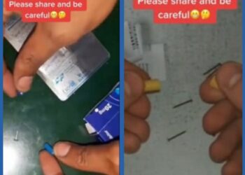 TANGKAP layar video yang tular dalam media sosial memaparkan individu cuba membuka kapsul ubat dan didapati mengandungi paku.