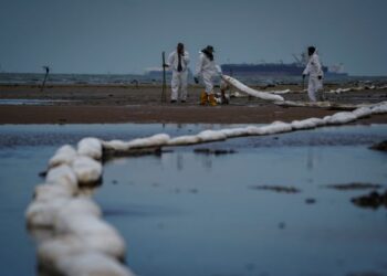 ANGGOTA Jabatan Laut memasang kayu pemancang untuk mengikat ‘penyerap minyak’ di Pantai Cermin, Port Dickson, Negeri Sembilan semalam. – UTUSAN/ MUHAMAD IQBAL ROSLI