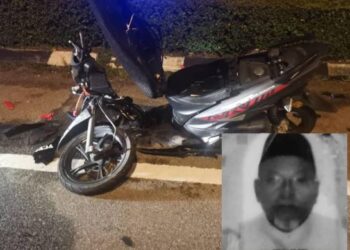 KEADAAN motosikal ditunggang Abd. Rahim Hussin (gambar kecil) selepas terlibat kemalangan di lampu isyarat Simpang Ampat, Alor Gajah, Melaka.
