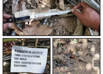 PENEMUAN bom jenis mortar berukuran 26 sentimeter di tapak projek Laluan Rel Pantai Timur (ECRL) di Paya Pasir di Maran, Pahang. - IHSAN POLIS PAHANG