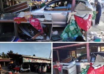SEBUAH kedai menjual laksam rosak selepas dirempuh sebuah kereta Perodua Myvi di Batu 8 Jalan Kuala Krai-Kota Bharu, hari ini.