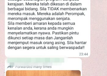 MESEJ tular menerusi aplikasi WhatsApp mengenai amaran IPD Tapah kononnya berlaku kejadian rompakan membabitkan individu menyamar dari syarikat air dan elektrik. - IHSAN PDRM