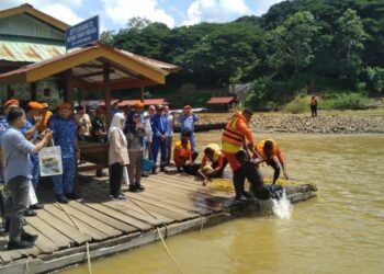 AHLI pasukan Nature Lifeguard Taman Negara yang terdiri daripada Orang Asli etnik Bateq sedang mengadakan simulasi kerja menyelamat mangsa lemas di Sungai Tembeling berdekatan jeti Kuala Tahan, Jerantut, Pahang. - FOTO/HARIS FADILAH AHMAD