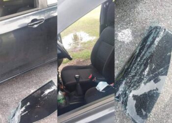 KEADAAN kereta Perodua Axia yang dipecah penjenayah di Tanah Perkuburan Islam Rantau Panjang di Klang, Selangor, semalam.