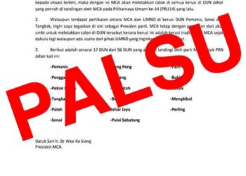 SURAT palsu yang tular kononnya menyatakan kerusi-kerusi yang akan ditandingi MCA dalam PRN Johor.