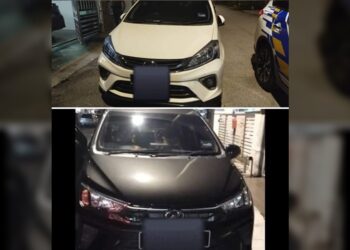 DUA kereta yang tular memotong barisan di Jalan Klang - Teluk Intan, Kuala Selangor semalam. 