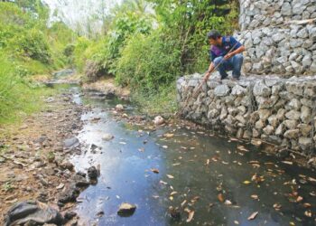 PENDUDUK menunjukkan saliran yang tercemar dan air berbau busuk sehingga mengakibatkan kematian pelbagai jenis ikan di Kampung Barokhas, Kuala Nerang, Padang Terap, Kedah. -UTUSAN/ SHAHIR NOORDIN
