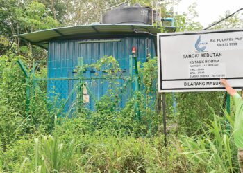 HADI Boy Ahong menunjukkan tangki sedutan air yang siap dibina pada 28 November 2020 tapi tidak berfungsi dan dipenuhi semak samun di Kampung Pulau Bangau, Chini di Pekan, Pahang. – FOTO/SHAIKH AHMAD RAZIF
