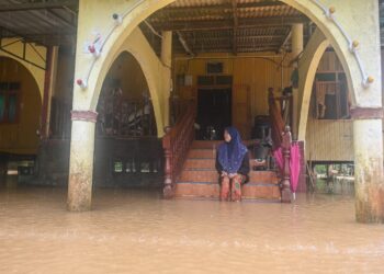 SEORANG penduduk, Rasyikin Hassan duduk di tangga sambil melihat pekarangan rumahnya yang dinaiki air di Kampung Nibong, Hulu Terengganu, Terengganu. - UTUSAN/PUQTRA HAIRRY ROSLI