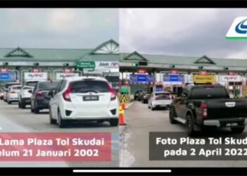 GAMBAR lama dan baharu di Plaza Tol Skudai jelas menafikan dakwaan satu hantaran menerusi media sosial yang mempamerkan gambar Plaza Tol Skudai kelihatan hanya beroperasi dengan lorong Touch 'n Go dan RFID sahaja. - FOTO/FACEBOOK PLUS