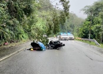 KEADAAN kemalangan maut melibatkan penunggang motosikal kerana cuba mengelak pokok tumbang di Kilometer 16 Jalan Pengkalan Hulu - Gerik, Perak, hari ini. - UTUSAN