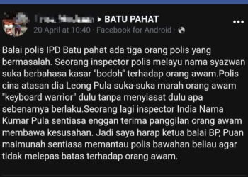HANTARAN dimuat naik seorang pengguna Facebook meminta polis bertegas terhadap tiga pegawai mereka yang didakwa bersikap kasar di Batu Pahat.