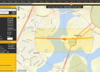 TANGKAP layar daripada portal SunCalc yang menunjukkan lintasan matahari atau zenith berada tepat atas kubah Masjid Putra, Putrajaya pada pukul 1 tengah 16 September 2022.