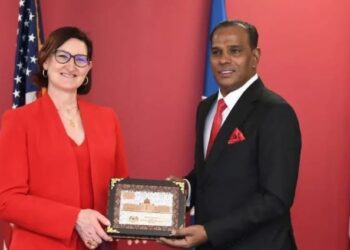 M. SARAVANAN (kiri) bersama-sama Thea Lee ketika pertemuan di Washington DC, Amerika Syarikat semalam. - FOTO/IHSAN KEMENTERIAN SUMBER MANUSIA
