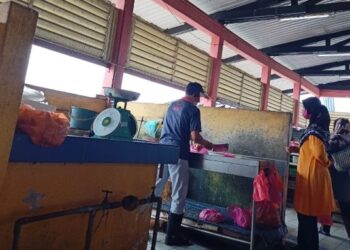RAHMAD yang berniaga di sebuah pasar basah di Alor Gajah, Melaka terpaksa mengenakan caj 50 sen kepada para pelanggannya bagi khidmat pemotongan ayam. - FOTO/MUHAMMAD SHAHIZAM TAZALI
