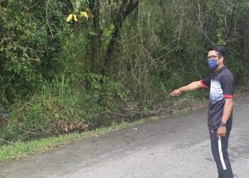 MOHD. Shafiq Mamat menunjukkan lokasinya bertembung dengan seekor harimau belang di Taman Bersekutu, Kampung Sura di Dungun, semalam. - NIK NUR IZZATUL HAZWANI NIK ADNAN