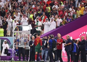 CRISTIANO Ronaldo menuju ke terowong di Stadium Lusail ketika rakan-rakannya masih berada di atas padang meraikan kejayaan Portugal mara ke suku akhir Piala Dunia. - IHSAN MEDIA SOSIAL