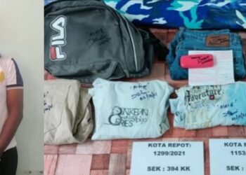 SUSPEK yang ditangkap dan barang rampasan dibawa ke IPD Rembau, Negeri Sembilan untuk siasatan lanjut.