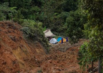 ANGGOTA pasukan keselamatan melakukan kerja-kerja mencari dan menyelamat mangsa-mangsa yang tertimbus di lokasi tanah runtuh berhampiran tapak perkhemahan di Father's Organic Farm, Batang Kali, Hulu Selangor. - UTUSAN/FARIZ RUSADIO 