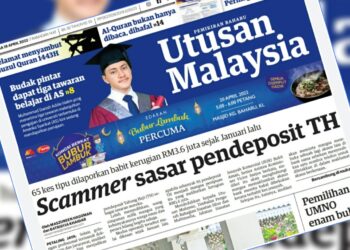 KERATAN laporan muka depan Utusan Malaysia semalam.