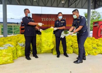 SHAMSUDIN Mamat (kiri) menunjukkan sebahagian daun ketum yang dirampas di SJR Jerai, Kupang, Baling, Kedah, hari ini. - FOTO/NORLIA RAMLI