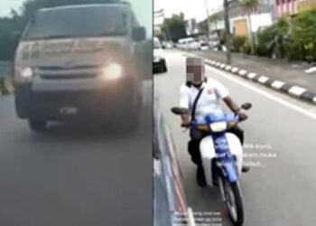 TANGKAP layar daripada sebuah video tular memaparkan tindakan seorang penunggang motosikal dan pemandu van cuba menahan sebuah ambulans ketika sedang dalam perjalanan ke hospital di Jalan Tepi Sungai di Klang, Selangor.