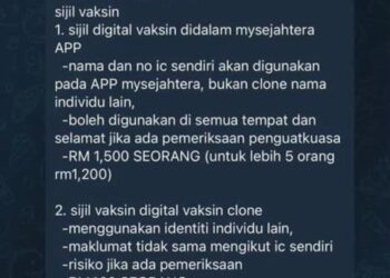 TAWARAN sijil vaksinasi palsu melalui Telegram tular dalam media sosial.