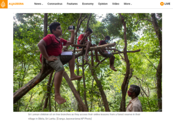 TANGKAP layar laporan Al-Jazeera yang memetik AP mengenai keadaan pelajar di sebuah perkampungan terpencil di Sri Lanka ketika menghadiri kelas secara dalam talian.