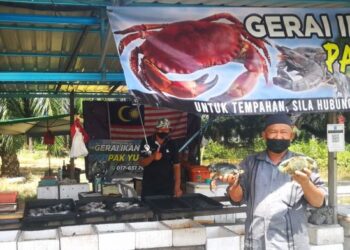 MOHD.Yusof Bakri (kanan) menunjukkan ketam nipah yang dijualnya di Jalan Lama Bandar-Pulau Carey, Teluk Panglima Garang di Kuala Langat, Selangor. - UTUSAN/ABDUL RAZAK IDRIS