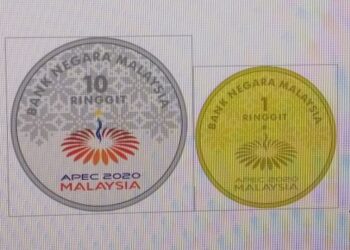 BAHAGIAN hadapan syiling peringatan APEC 2020 yang dikeluarkan oleh BNM.