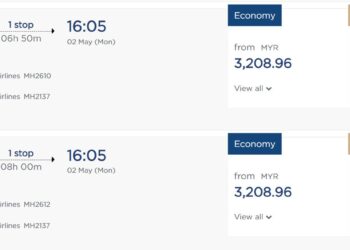 Tangkap layar harga tiket untuk kelas ekonomi dan perniagaan dari KLIA ke Tawau untuk tempahan dalam talian.