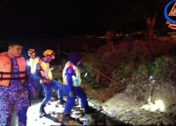 PEGAWAI dan anggota APM memantau keadaan tanah runtuh yang berlaku di Beruas malam tadi. - UTUSAN/IHSAN APM