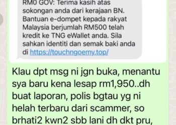 TANGKAP Layar mesej palsu berkaitan penerimaan RM500 melalui TNG e-wallet yang tular di media sosial.