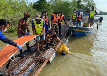 ANGGOTA bomba mengangkat mayat lelaki dipercayai terjun di Jambatan Sultan Yusuf di Teluk Intan hari ini. - IHSAN JBPM PERAK