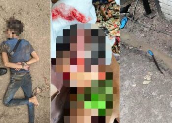 SUSPEK (kiri) ditahan polis akibat menetak kepala kanak-kanak berusia setahun selepas bertengkar dengan adik beradiknya dalam satu kejadian di Kampung Parit Mahang di Jeram, Kuala Selangor.
