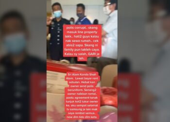TANGKAP layar video yang dimuatnaik seorang wanita dalam akaun TikToknya menuduh polis korup apabila dinasihat supaya keluar rumah disewanya selepas tuan rumah membuat aduan di Shah Alam, Selangor.